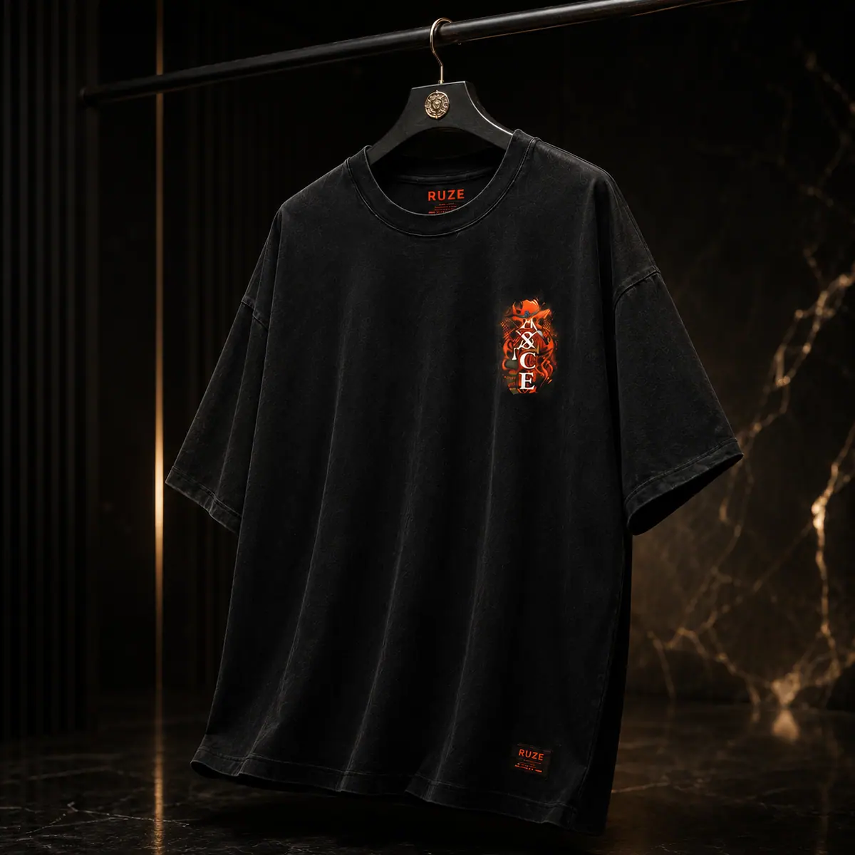 RUZE Ace Flame Legacy Oversized Tee fabric and print detail