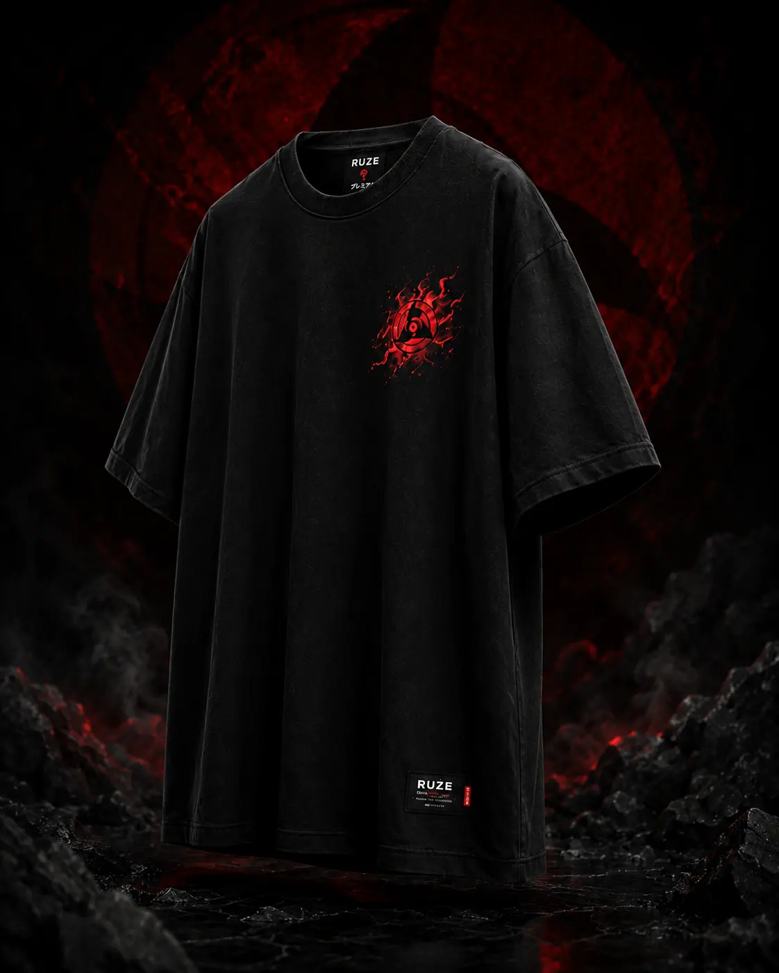 RUZE Itachi Shadow Oversized Tee fabric and print detail