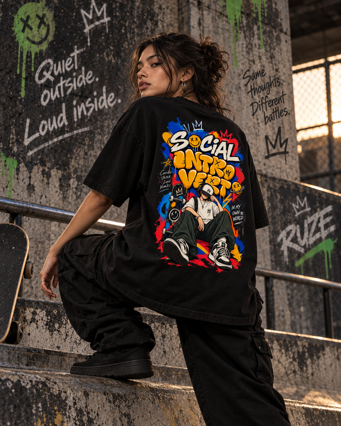 RUZE Quiet Frequency 240 GSM oversized T-shirt – female front lifestyle