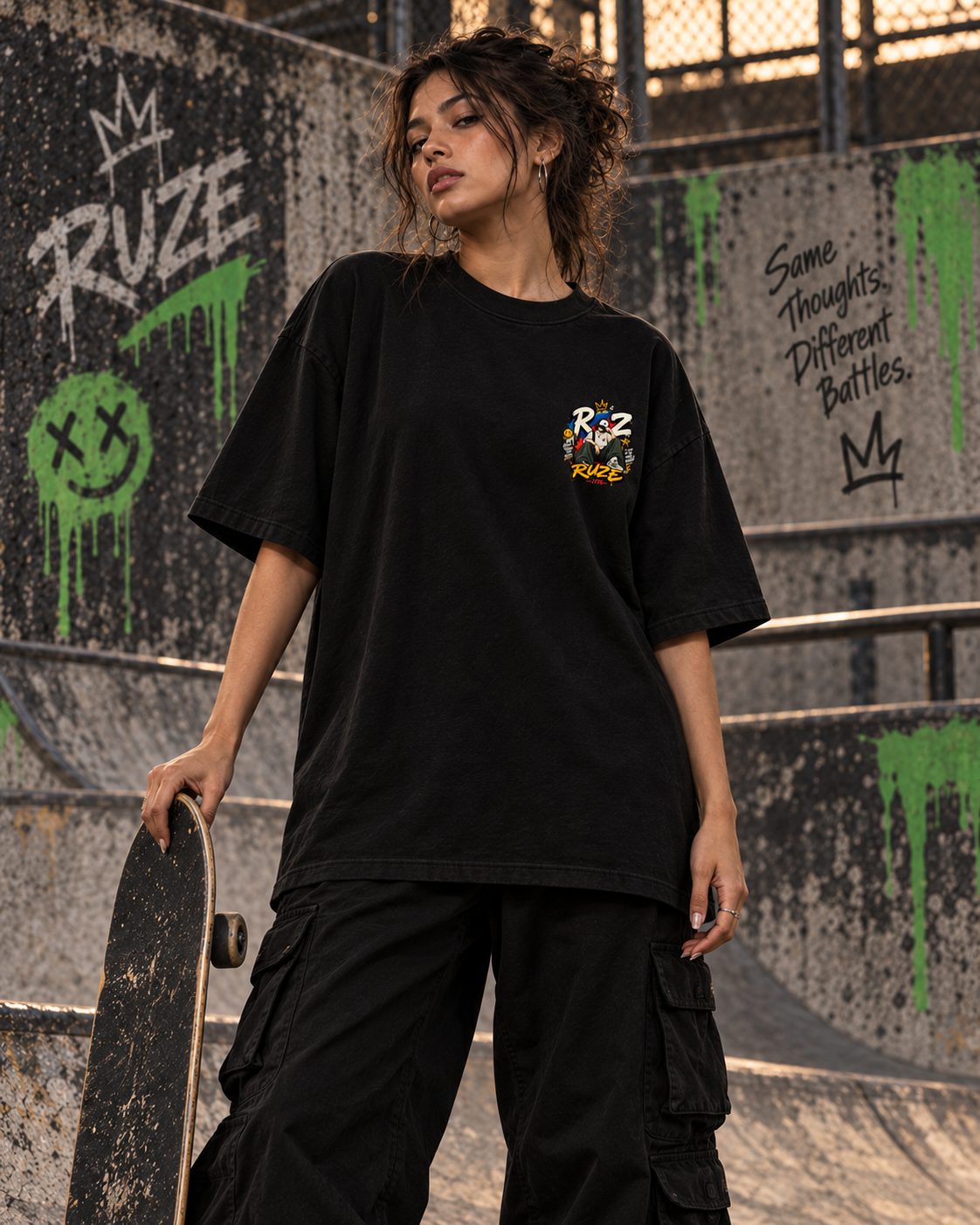 Quiet Frequency black oversized T-shirt – male walking lifestyle