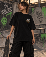 Quiet Frequency black oversized T-shirt – male walking lifestyle