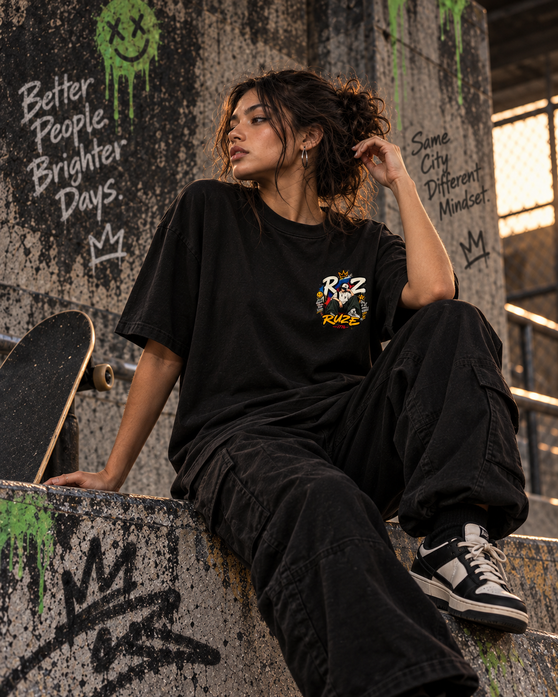 RUZE Quiet Frequency oversized T-shirt – male seated lifestyle quiet outside loud inside