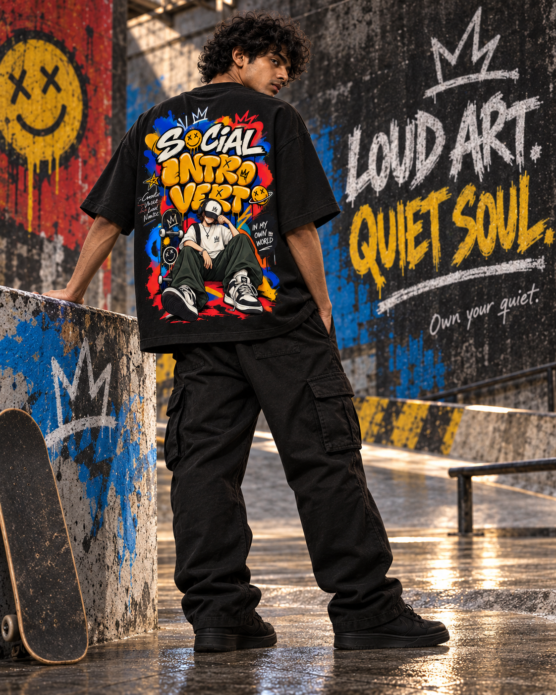 Quiet Frequency black oversized T-shirt front view – female standing at skate park