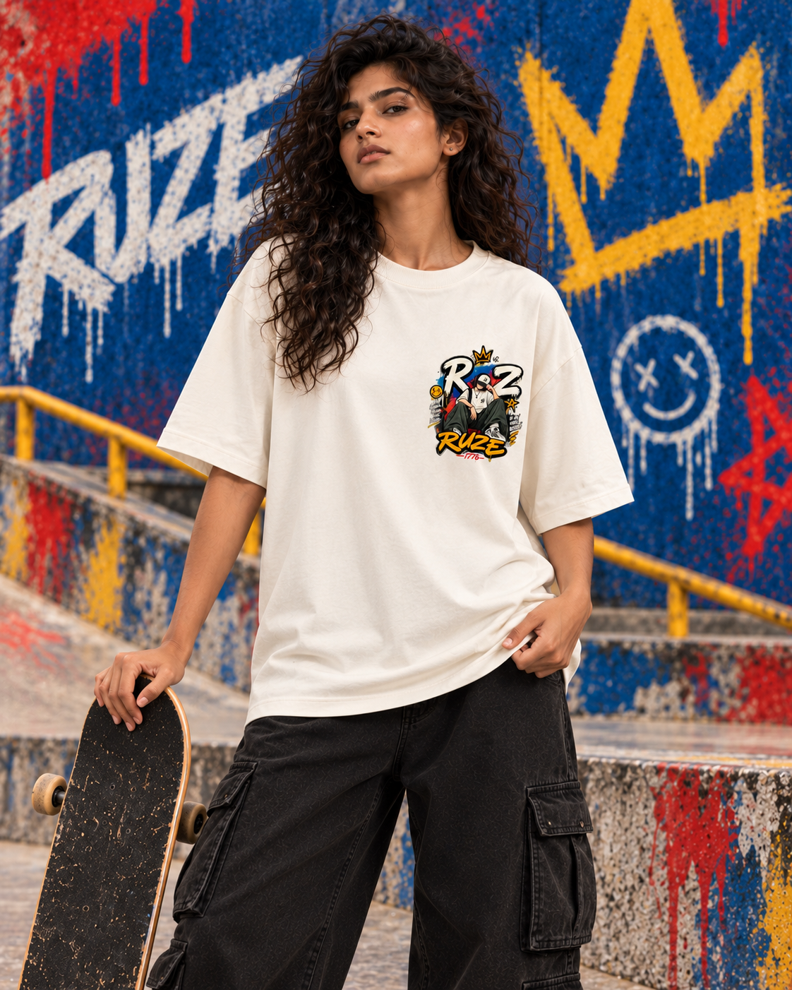 Quiet Frequency off-white oversized T-shirt — female seated lifestyle skate park