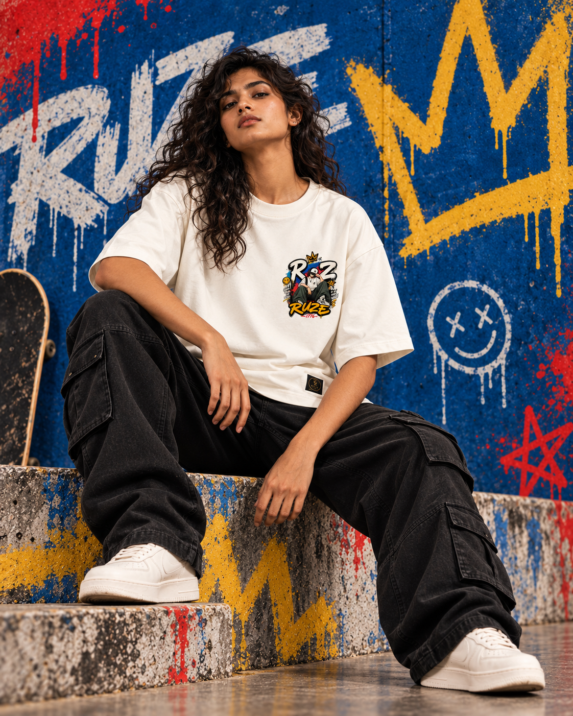 RUZE Quiet Frequency off-white oversized T-shirt front view — female standing