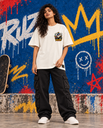 RUZE Quiet Frequency off-white oversized T-shirt front artwork detail — female standing full body