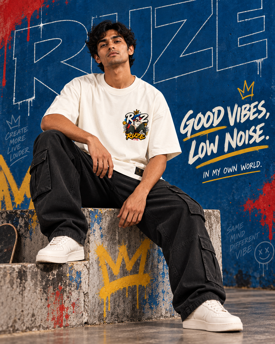 RUZE Quiet Frequency off-white oversized T-shirt — male editorial seated Good Vibes Low Noise