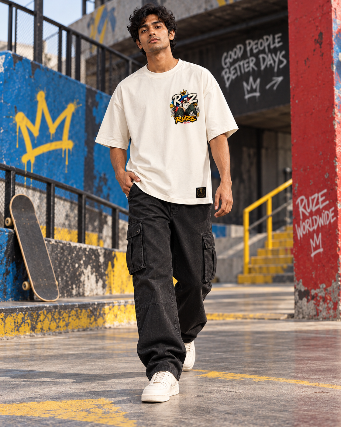 Quiet Frequency off-white oversized T-shirt — male clean front walking lifestyle