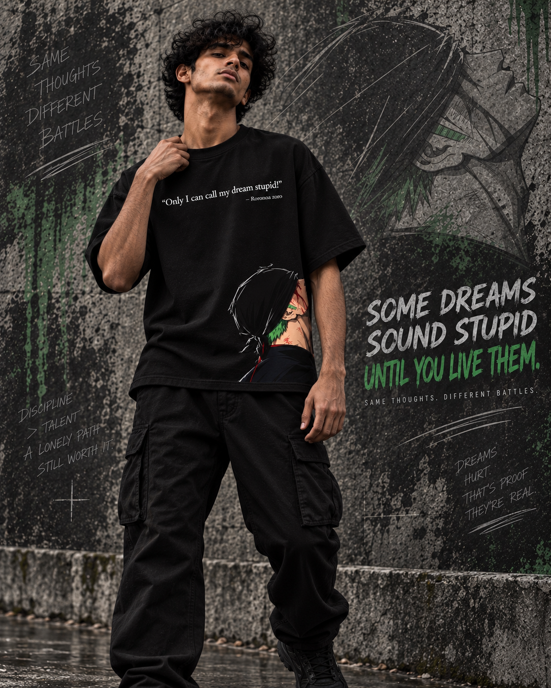 RUZE Against Doubt black oversized graphic T-shirt — male back view rainy street backdrop