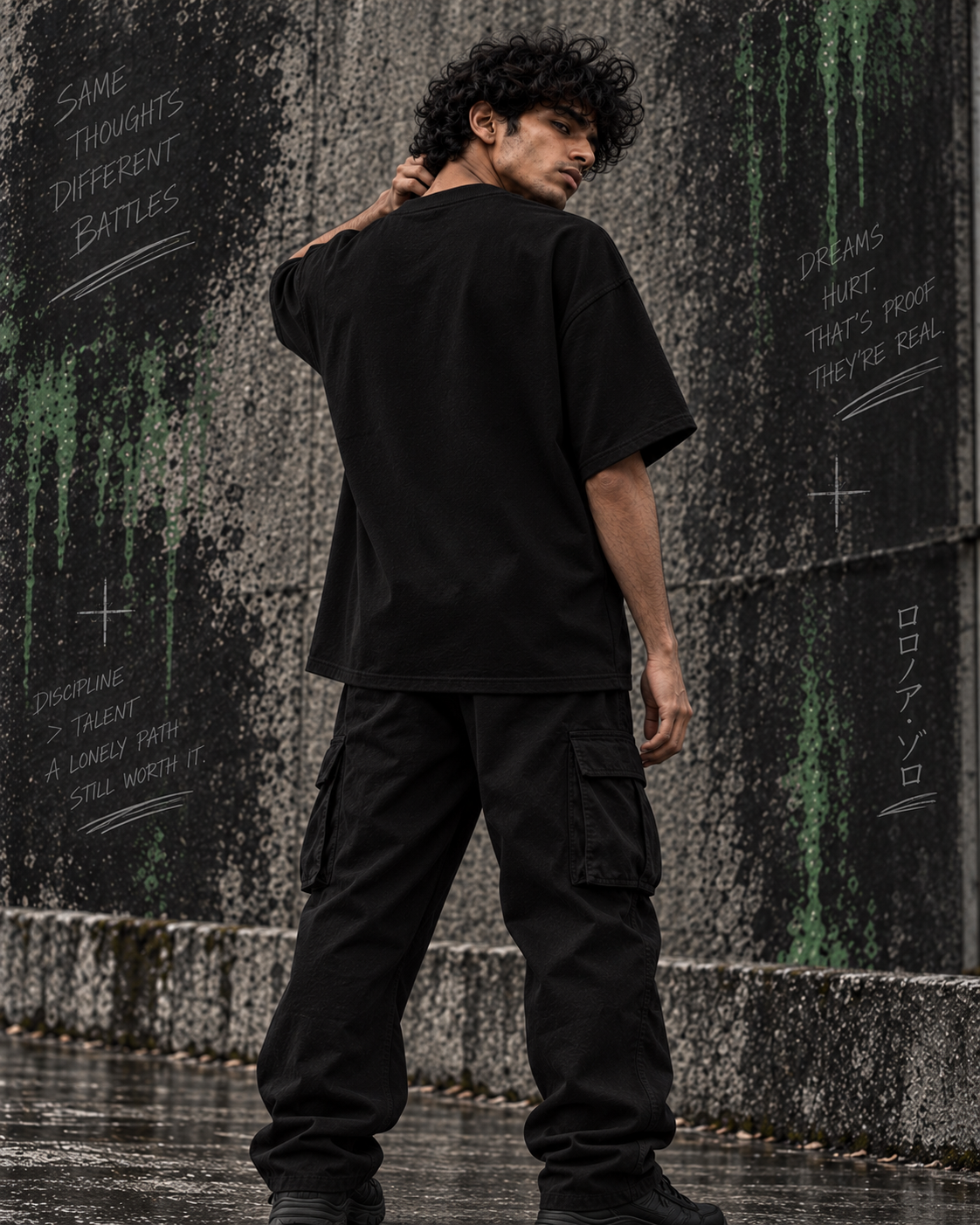 RUZE Against Doubt black oversized T-shirt — front graphic detail close-up embroidery and print