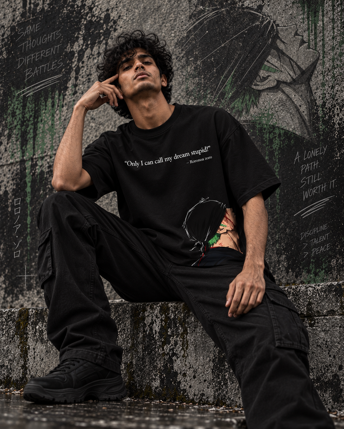 RUZE Against Doubt heavyweight black oversized tee — male walking lifestyle front view