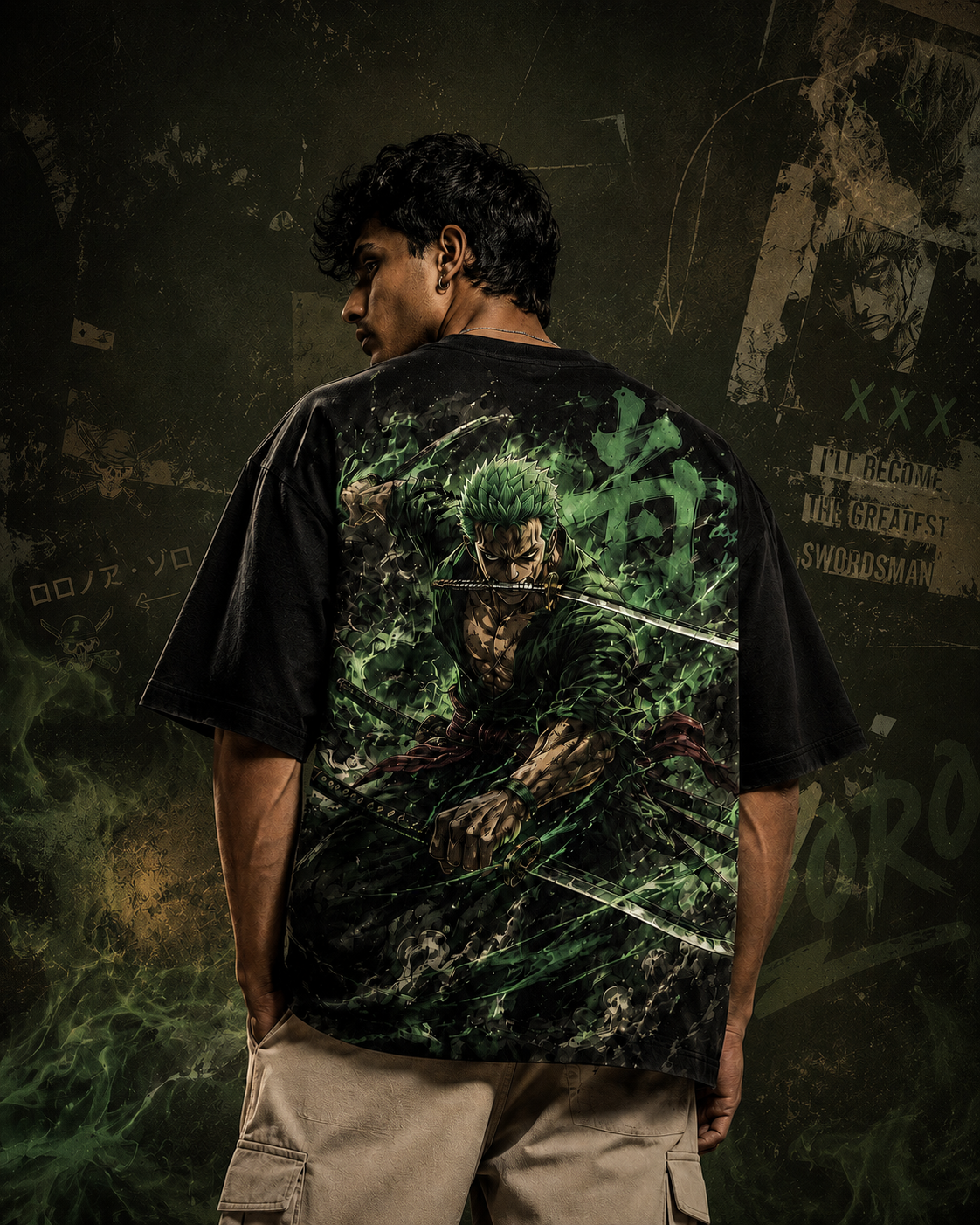 RUZE Iron Vow black oversized T-shirt back graphic — male back hero green blade composition