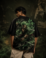 RUZE Iron Vow black oversized T-shirt back graphic — male back hero green blade composition
