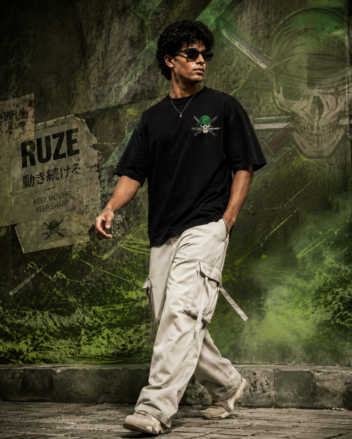 RUZE Iron Vow black oversized T-shirt front view — male walking lifestyle
