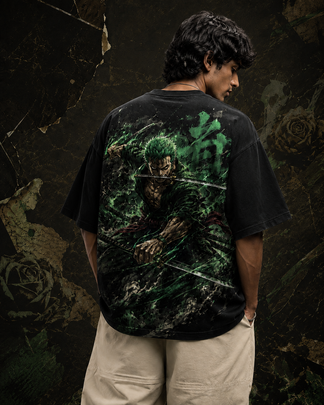 RUZE Iron Vow black oversized T-shirt back graphic — male dark rose backdrop