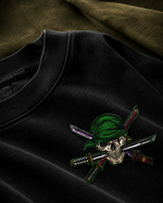 RUZE Iron Vow embroidered front detail — skull three blade motif close-up on black tee
