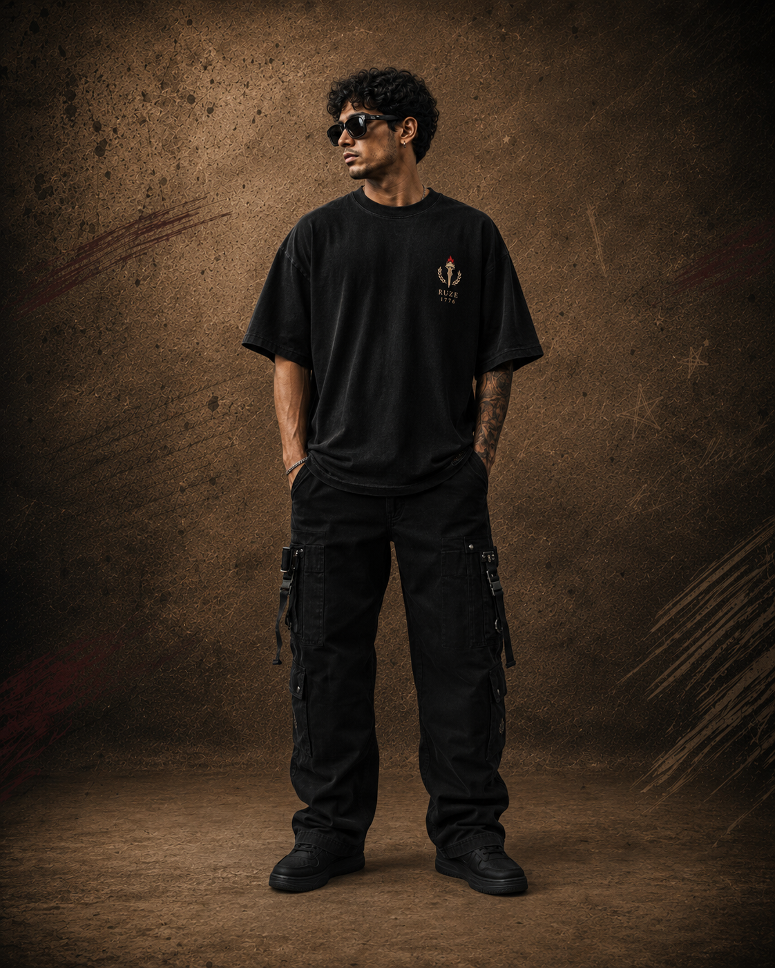 Stand Unmoved washed black oversized T-shirt – front fit view