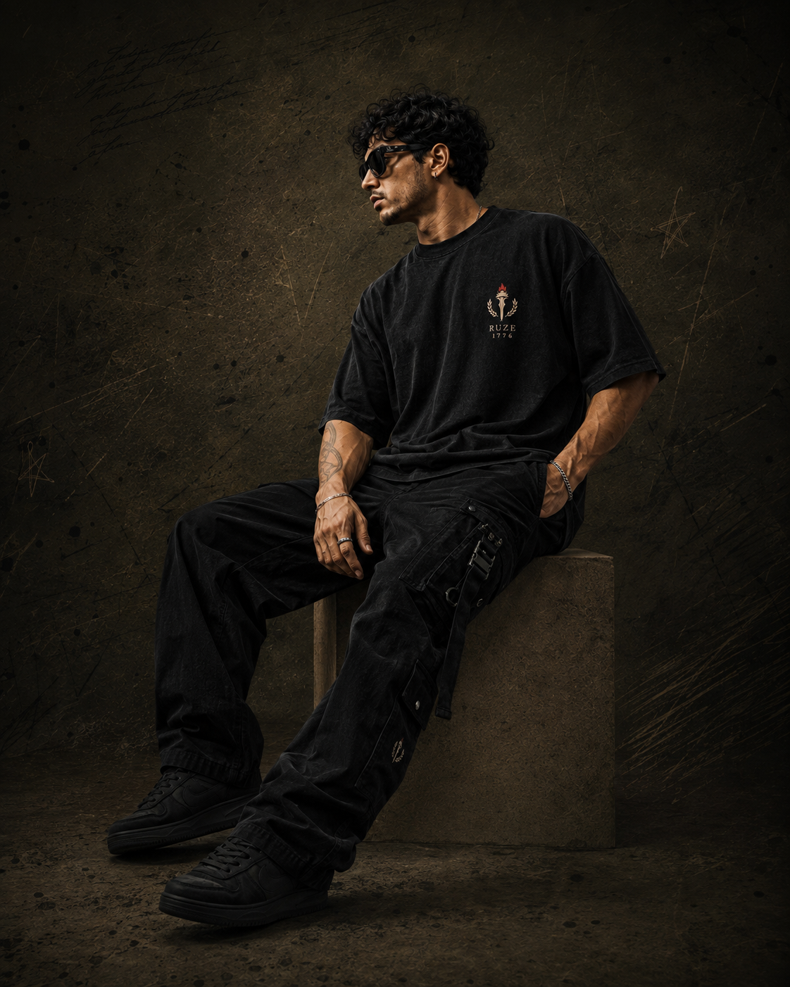 Stand Unmoved washed black oversized T-shirt – male lifestyle seated