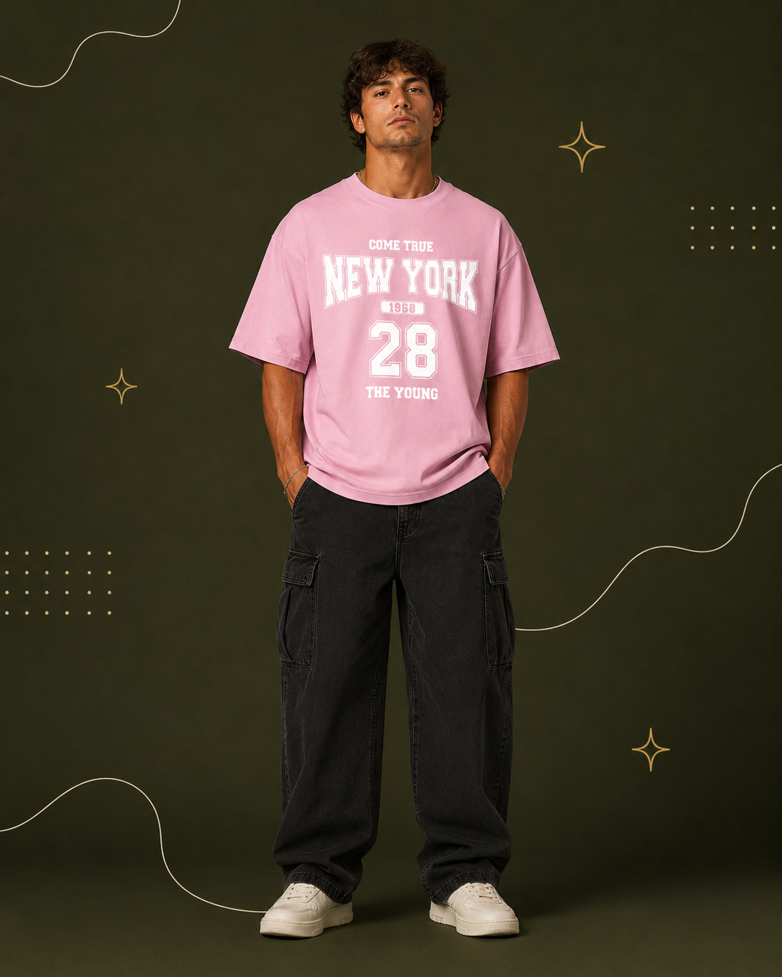 District 28 baby pink oversized T-shirt on female model – front full-body