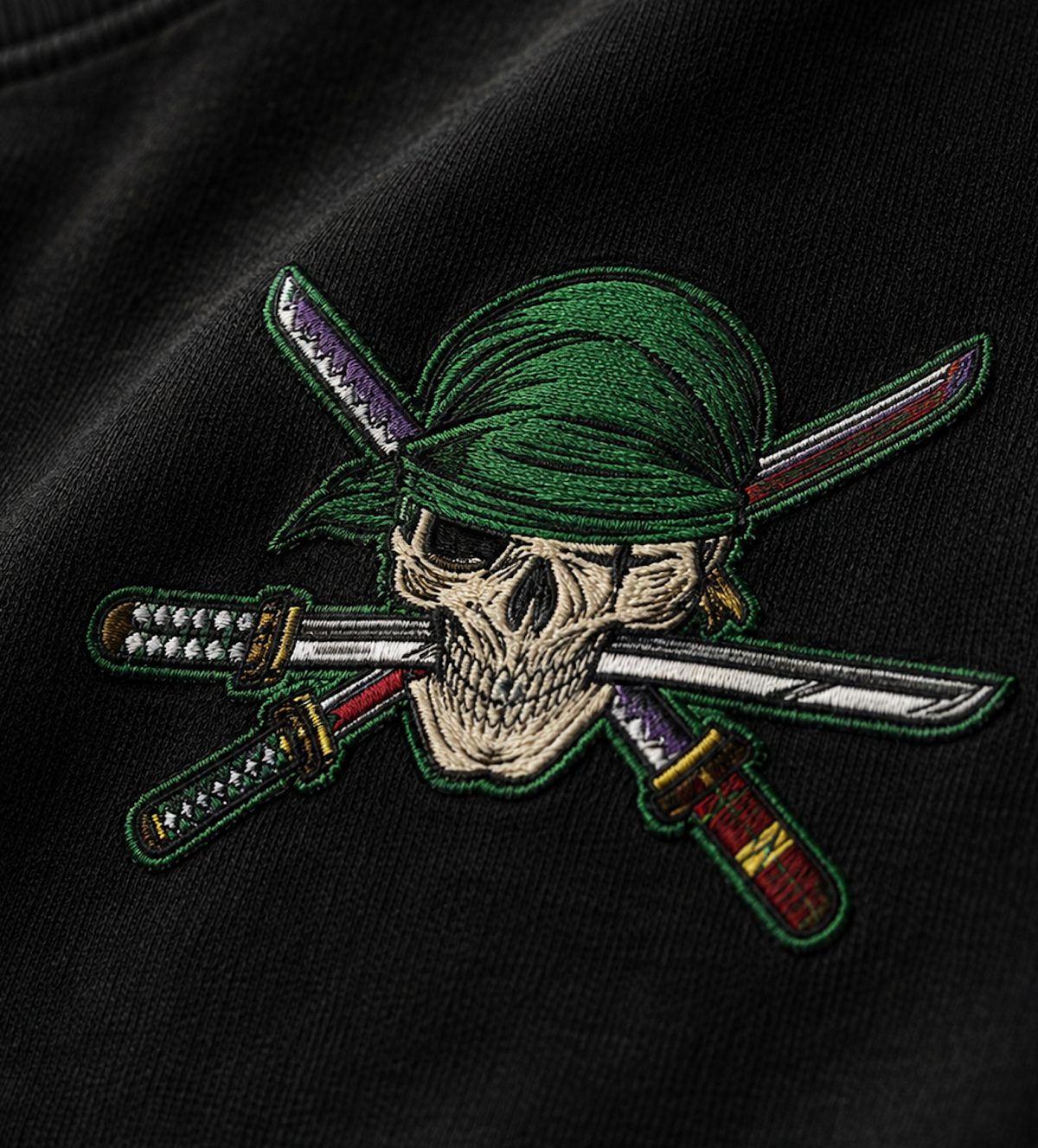 RUZE Iron Vow embroidered chest graphic — blade motif detail macro shot