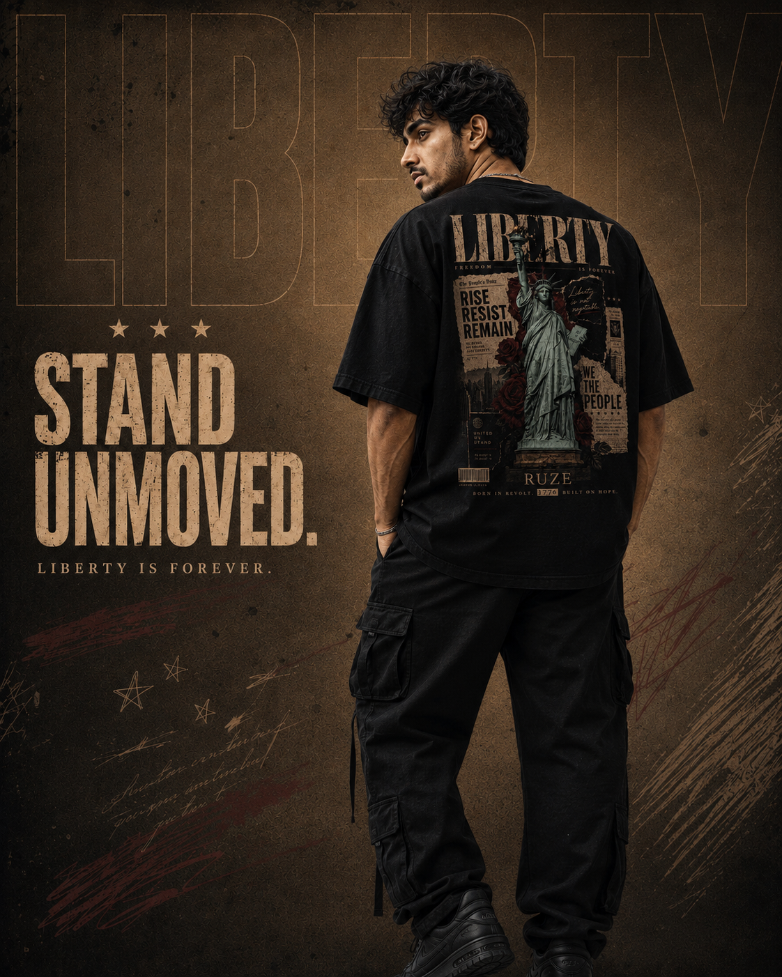 Stand Unmoved washed black oversized T-shirt – campaign hero front