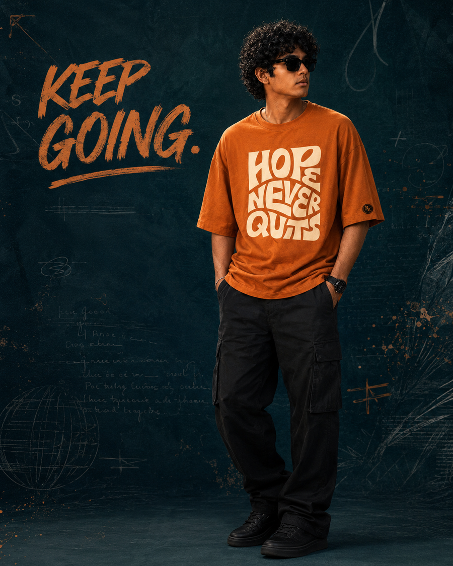 RUZE Hope Never Quits burnt orange oversized T-shirt hero front lifestyle
