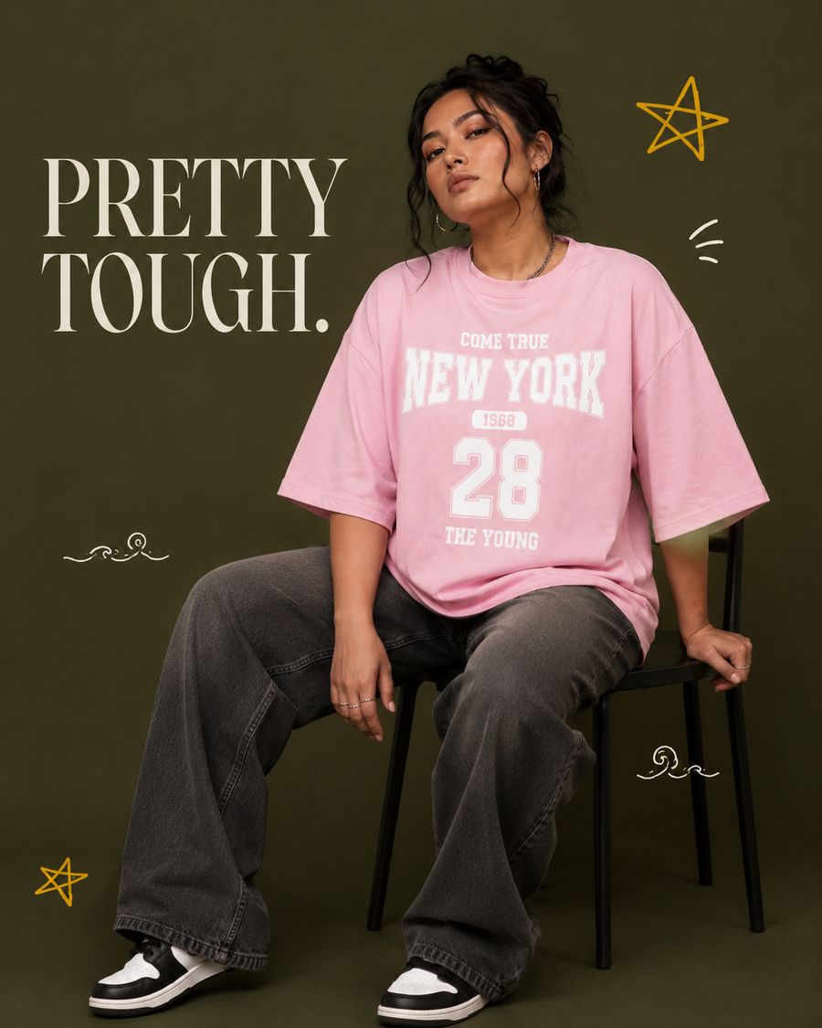 District 28 baby pink oversized T-shirt – campaign hero front