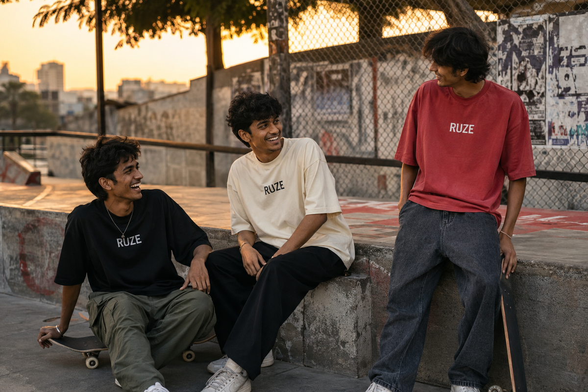 Friends wearing RUZE promotional tees at a concrete skate spot